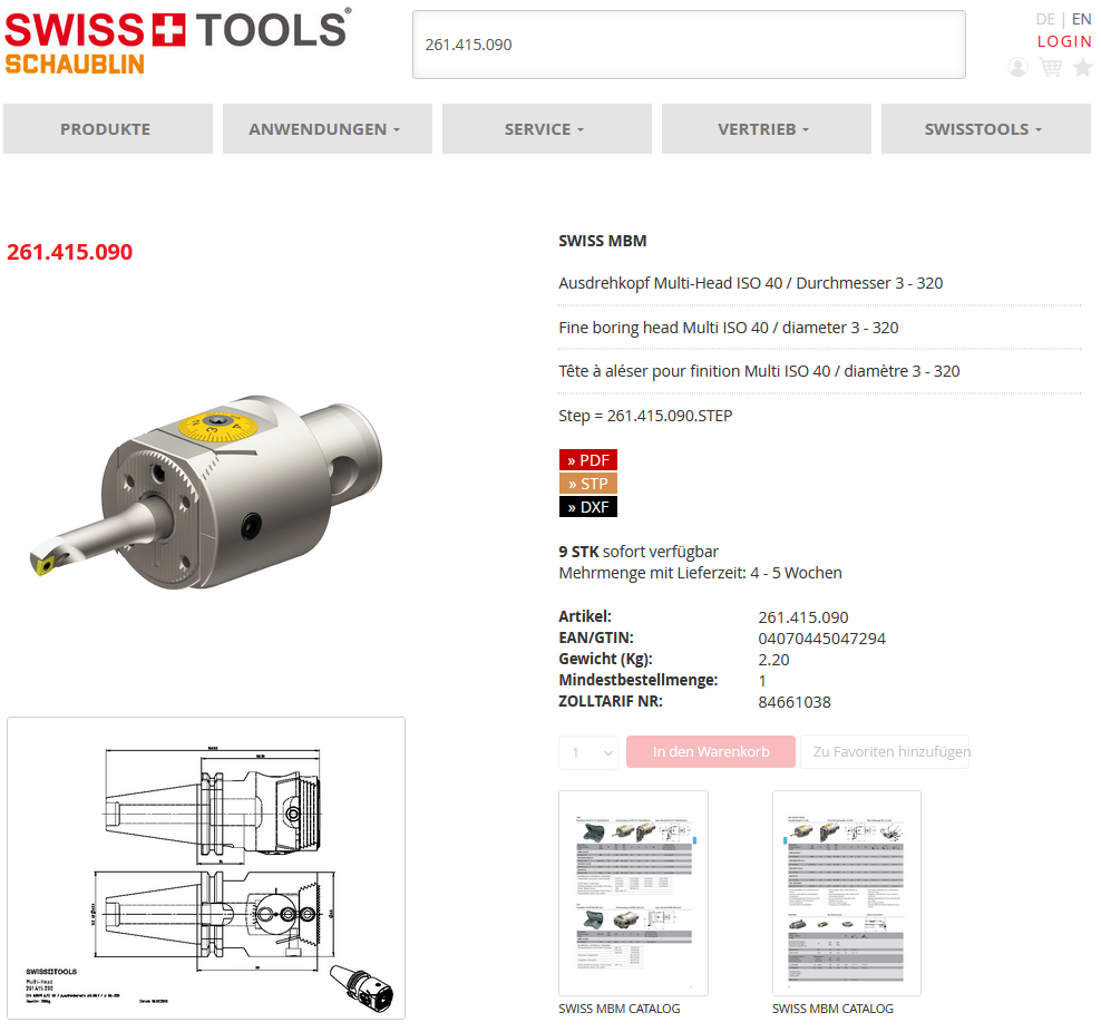 SWISSTOOLS Onlineplattform mit CAD-Daten, PDF-Zeichnungen, Lagerbestand und Lieferzeiten